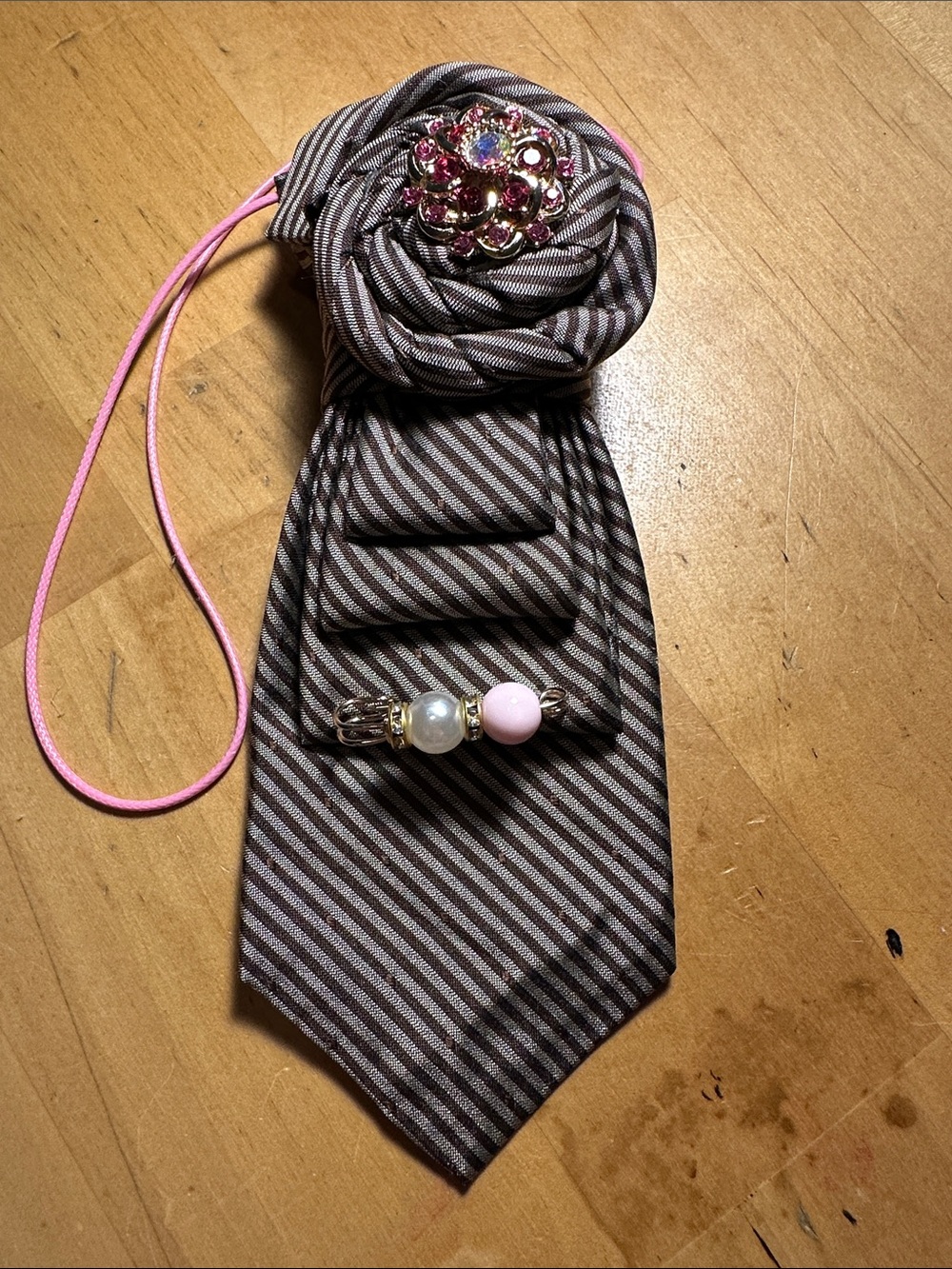 Vintage Elaan Brown Striped Necklace Tie with Pink Accents